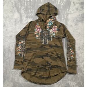 Johnny Was Hoodie Womens Medium Camo Floral Waffle Thermal Boho Cottage Casual
